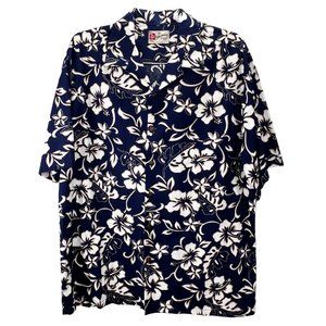 Hilo Hatties Hawaiian Shirt Button Front size XL Men Hibiscus Floral Blue White